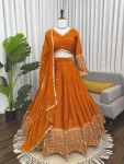 FANCY JAPAN SATIN THREAD WITH  SEQUENCE WORK LEHENGA CHOLI WITH DUPATTA ORANGE