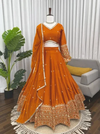 FANCY JAPAN SATIN THREAD WITH  SEQUENCE WORK LEHENGA CHOLI WITH DUPATTA ORANGE