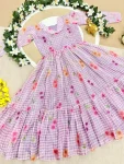 FANCY KOTA DORIYA CHECKS FLOWER PRINT WORK MIDI DRESS LAVENDER