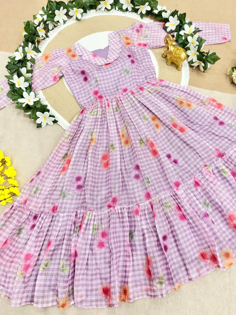 FANCY KOTA DORIYA CHECKS FLOWER PRINT WORK MIDI DRESS DAILY WEAR WHOLESALE PRICE ETHNIC GARMENT (3)