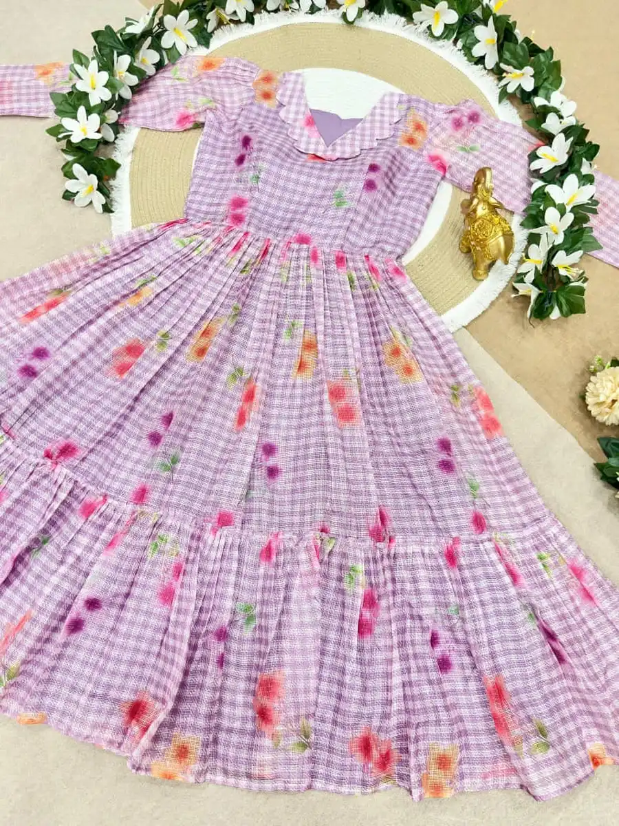 FANCY KOTA DORIYA CHECKS FLOWER PRINT WORK MIDI DRESS DAILY WEAR WHOLESALE PRICE ETHNIC GARMENT (5)