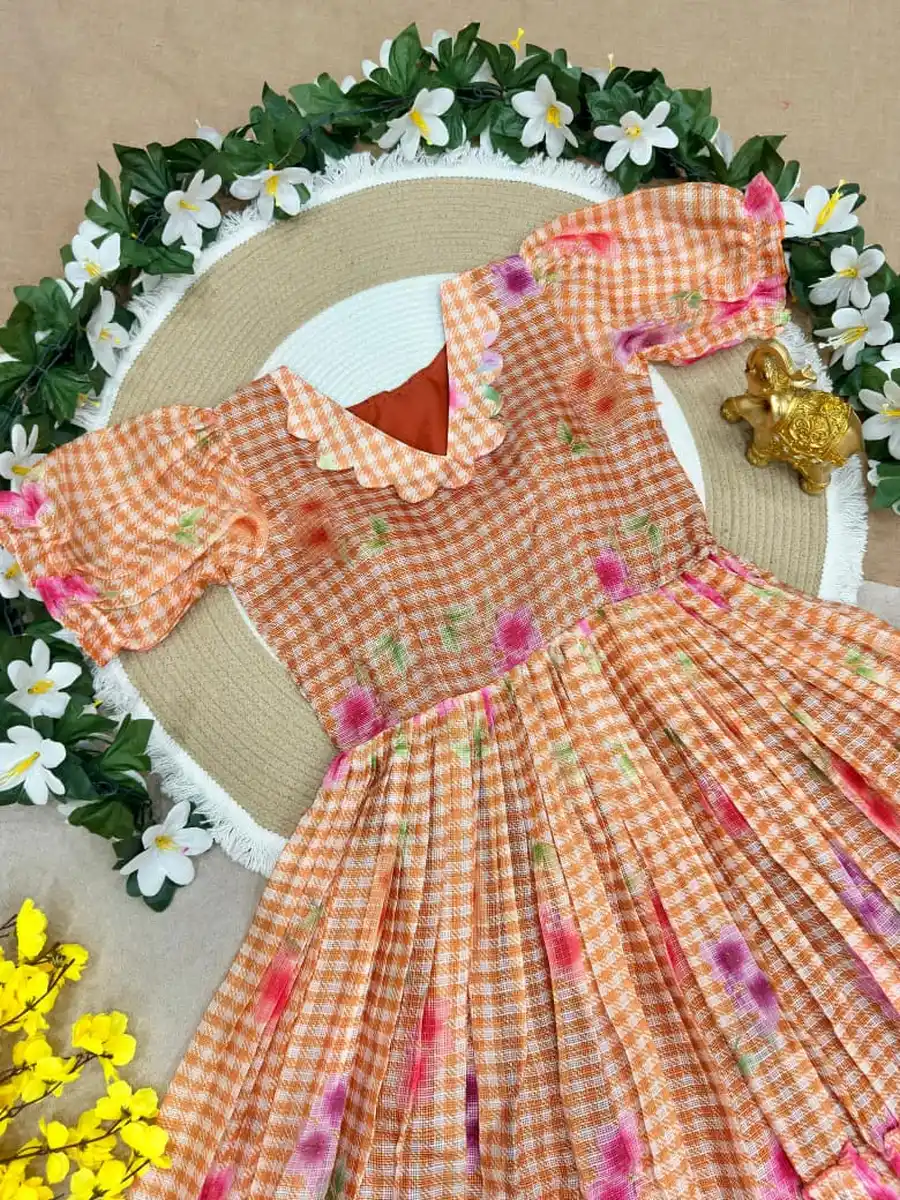 FANCY KOTA DORIYA CHECKS FLOWER PRINT WORK MIDI DRESS DAILY WEAR WHOLESALE PRICE ETHNIC GARMENT (6)
