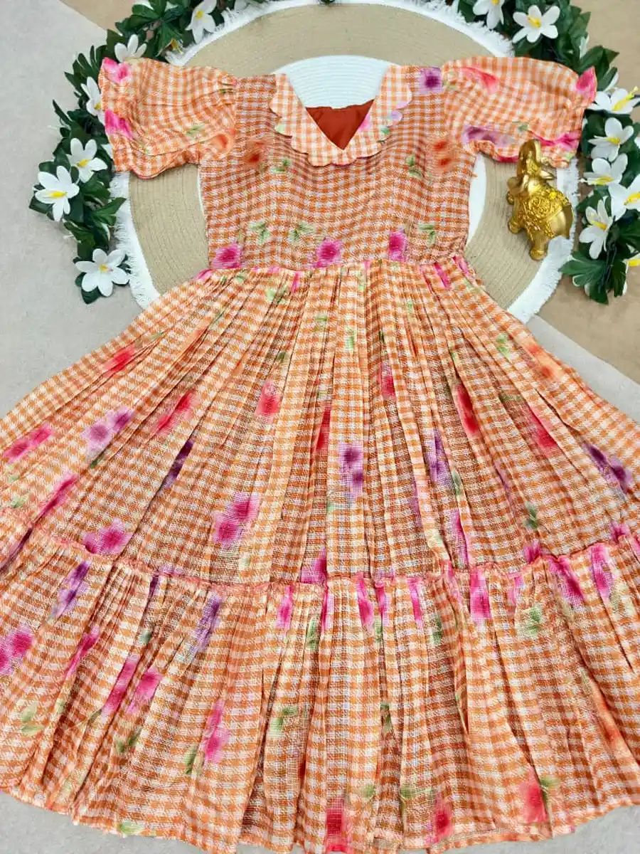 FANCY KOTA DORIYA CHECKS FLOWER PRINT WORK MIDI DRESS DAILY WEAR WHOLESALE PRICE ETHNIC GARMENT (7)