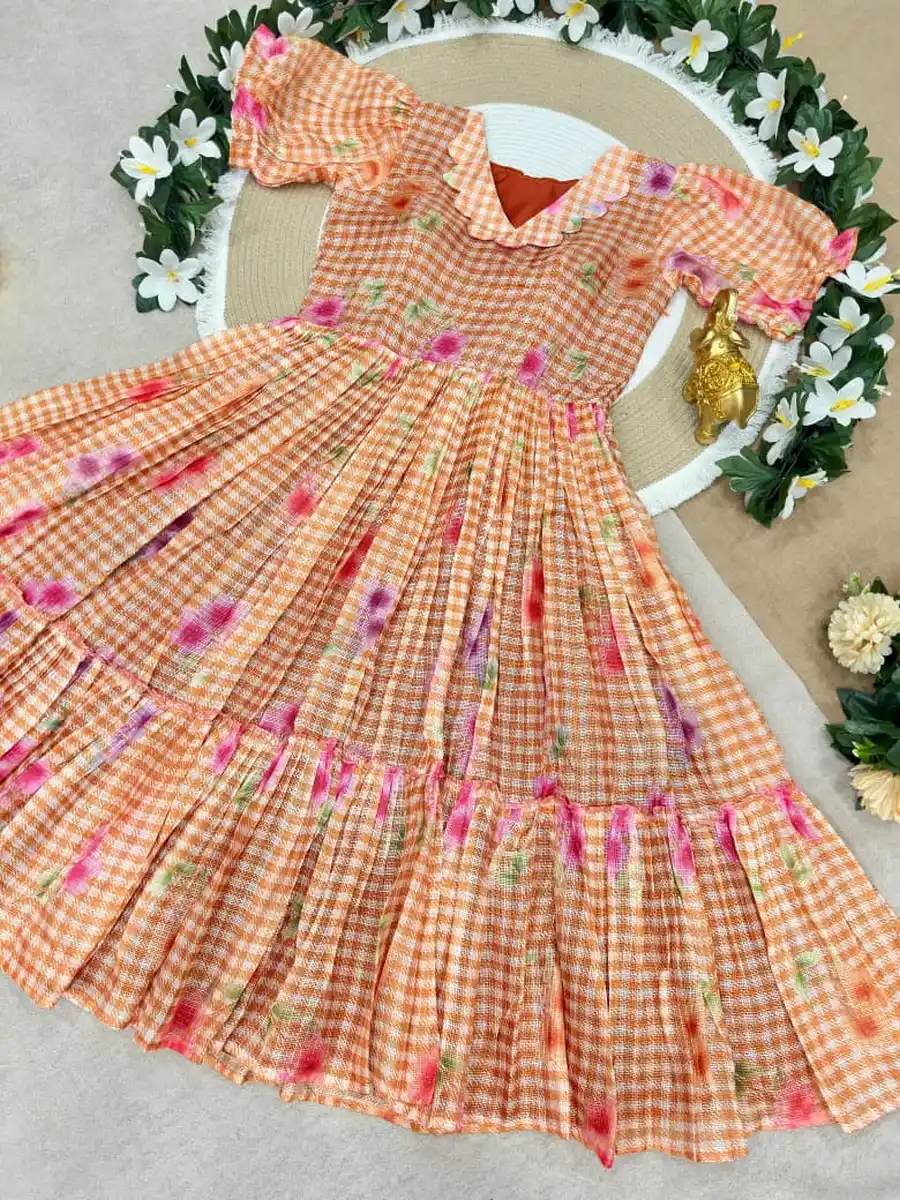 FANCY KOTA DORIYA CHECKS FLOWER PRINT WORK MIDI DRESS DAILY WEAR WHOLESALE PRICE ETHNIC GARMENT (8)