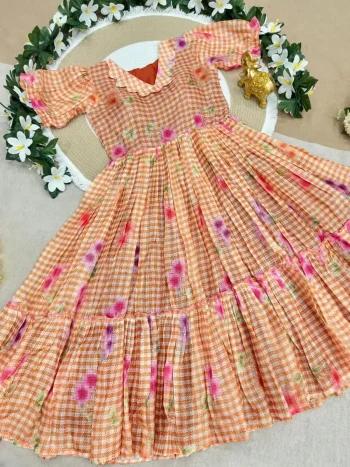 FANCY KOTA DORIYA CHECKS FLOWER PRINT WORK MIDI DRESS ORANGE