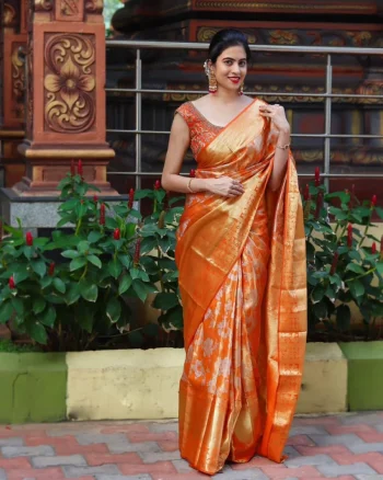 FANCY LICHI SILK JACQUARD WORK SAREE WITH UNSTITCHED BLOUSE ORANGE