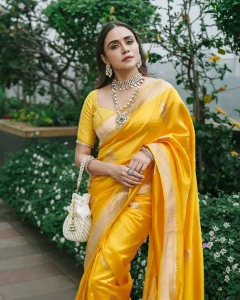 FANCY LICHI SILK WEAVING WORK SAREE WITH UNSTITCHED BLOUSE YELLOW