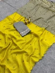 FANCY LINEN COTTON PRINTED WITH AARI MIRROR WORK ALL OVER & ARC BORDER WORK SAREE WITH UNSTITCHD BLOUSE LEMON