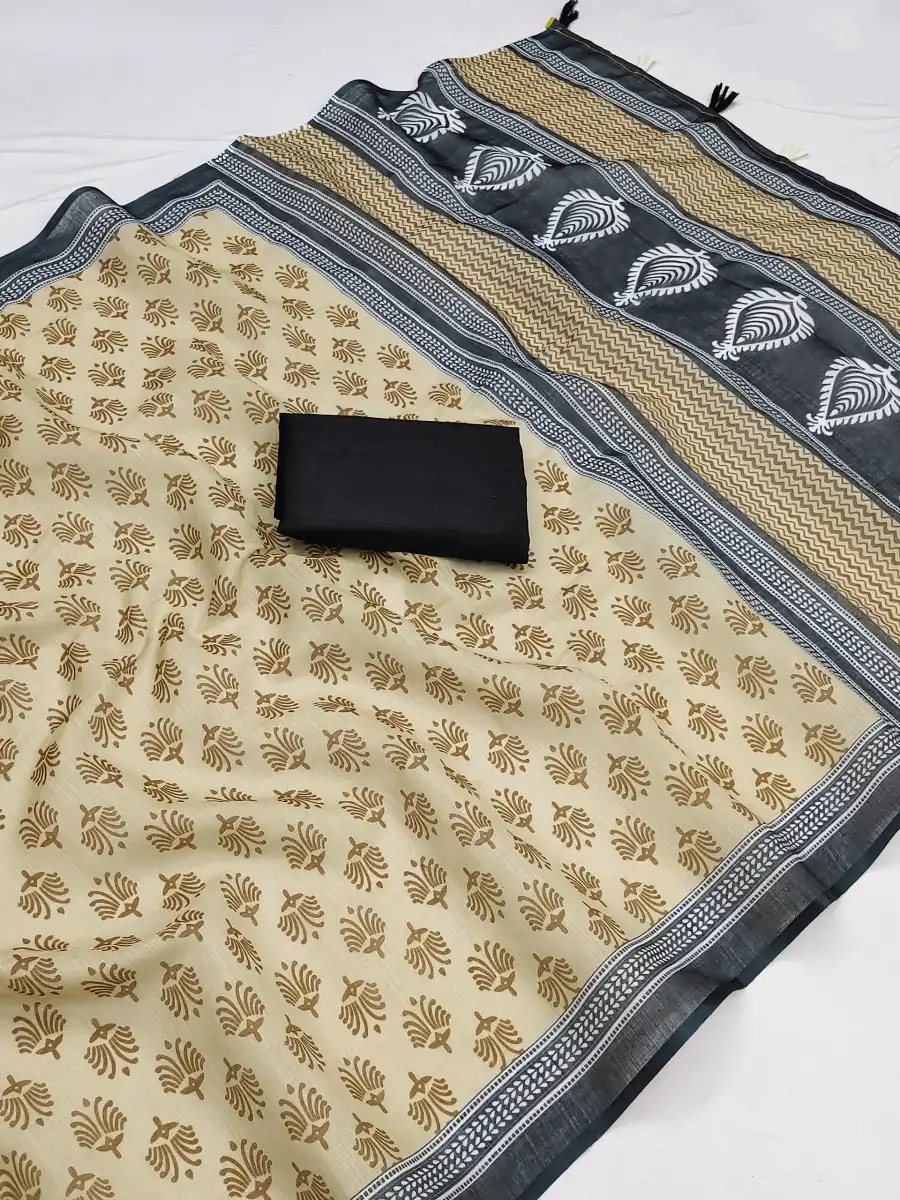 FANCY LINEN COTTON PRINTED WITH COTTON TASSELS WORK SAREE WITH UNSTITCHED BLOUSE DAILY WEAR WHOLESALE PRICE ETHNIC GARMENT (1)