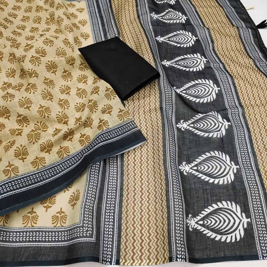 FANCY LINEN COTTON PRINTED WITH COTTON TASSELS WORK SAREE WITH UNSTITCHED BLOUSE DAILY WEAR WHOLESALE PRICE ETHNIC GARMENT (2)