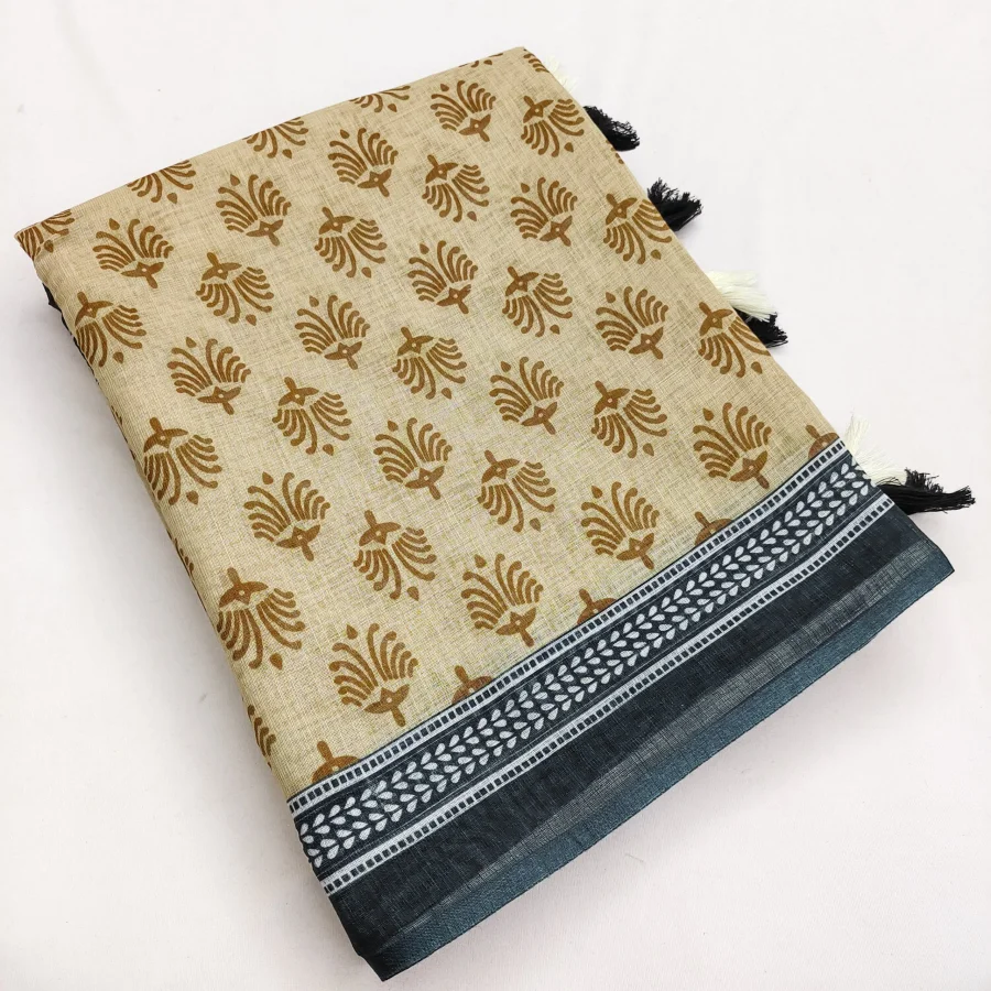 FANCY LINEN COTTON PRINTED WITH COTTON TASSELS WORK SAREE WITH UNSTITCHED BLOUSE DAILY WEAR WHOLESALE PRICE ETHNIC GARMENT (3)