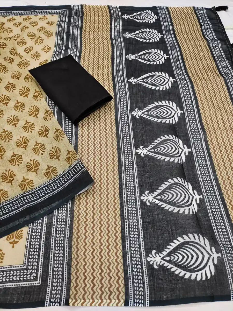 FANCY LINEN COTTON PRINTED WITH COTTON TASSELS WORK SAREE WITH UNSTITCHED BLOUSE DAILY WEAR WHOLESALE PRICE ETHNIC GARMENT (4)