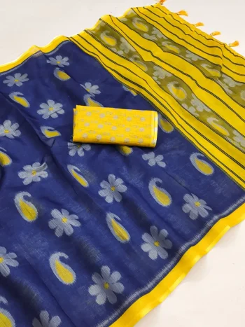 FANCY LINEN COTTON PRINTED WORK SAREE WITH UNSTITCHED BLOUSE BLUE