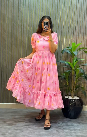 FANCY MUL CHANDERI FLORAL PRINTED WORK MIDI DRESS BABY PINK