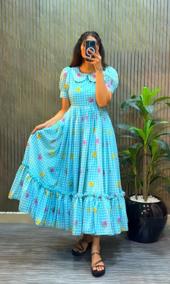 FANCY MUL CHANDERI FLORAL PRINTED WORK MIDI DRESS SKY