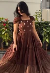 FANCY MUL MUL COTTON MAGGAM WORK ONE PIECE DRESS BROWN
