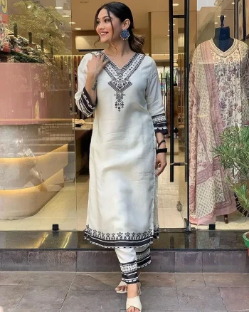 FANCY MUSLIN DIGITAL PRINT WORK TOP PENT SET WHITE