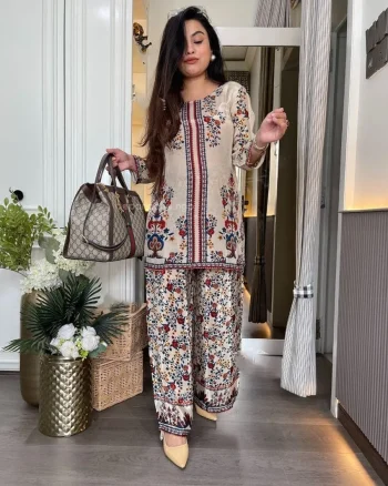 FANCY NATURAL CREPE DIGITAL PRINT AND HAND DIAMOND WORK CO-ORD SET CREAM