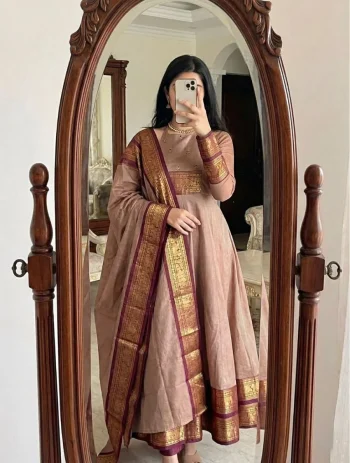 FANCY PATTU COTTON HANDWORK AND JACQUARD WEAVING ZARI BORDER WORK GOWN WITH DUPATTA CHIKU