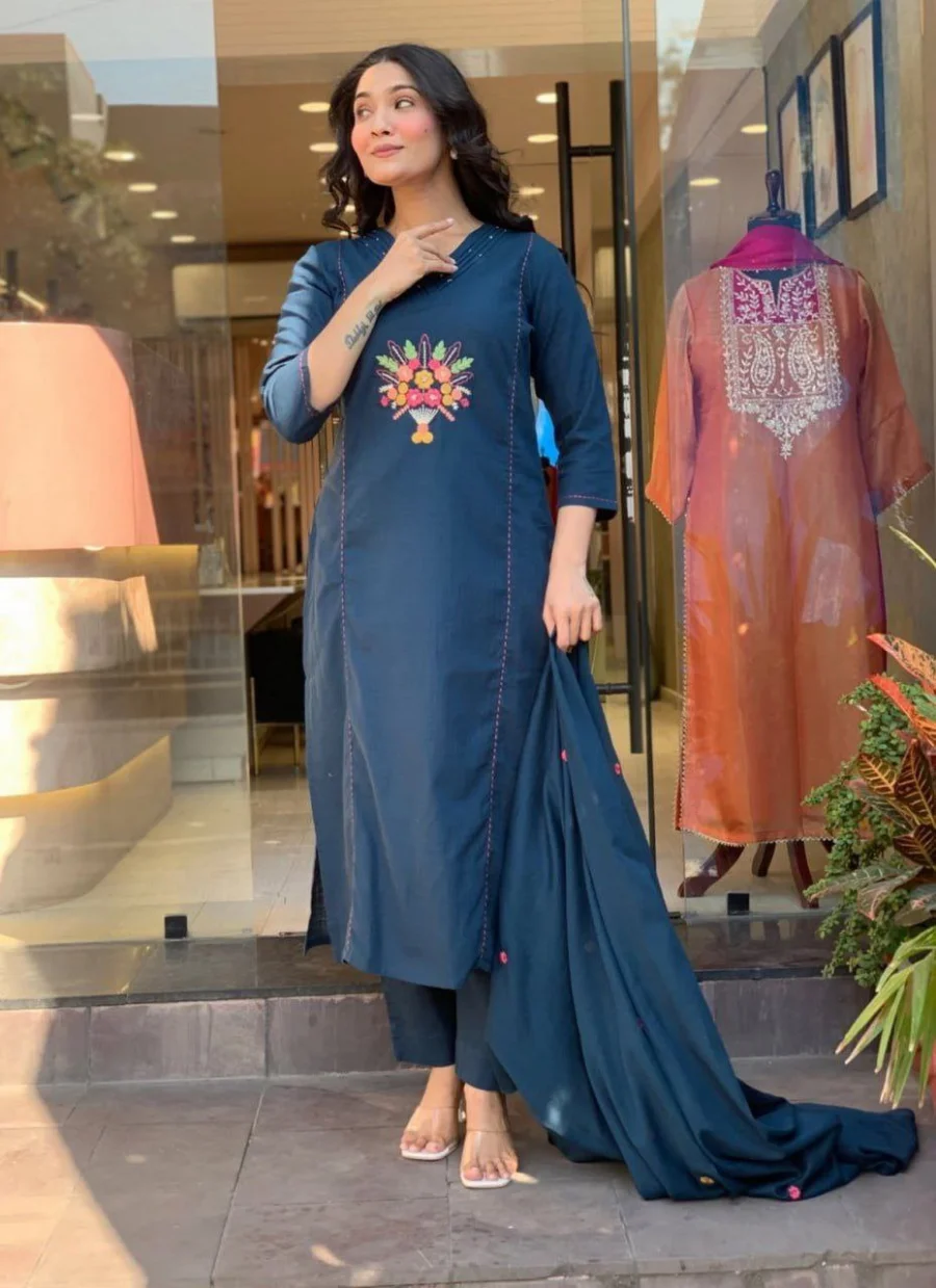 FANCY RAYON SLUB EMBROIDERY WITH MOTI HAND WORK TOP BOTTOM WITH DUPATTA FESTIVE WEAR WHOLESALE PRICE ETHNIC GARMENT (4)