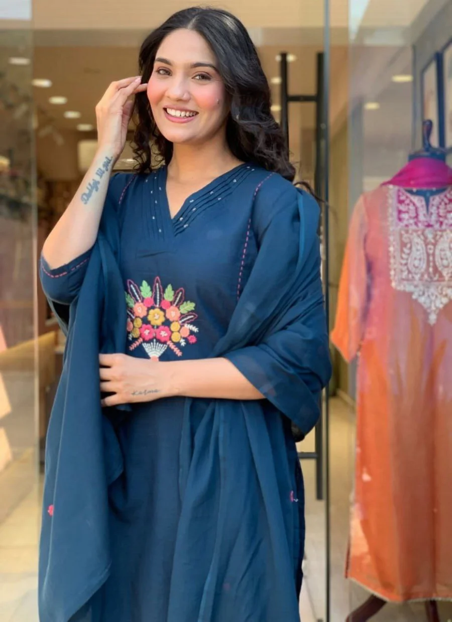 FANCY RAYON SLUB EMBROIDERY WITH MOTI HAND WORK TOP BOTTOM WITH DUPATTA FESTIVE WEAR WHOLESALE PRICE ETHNIC GARMENT (7)