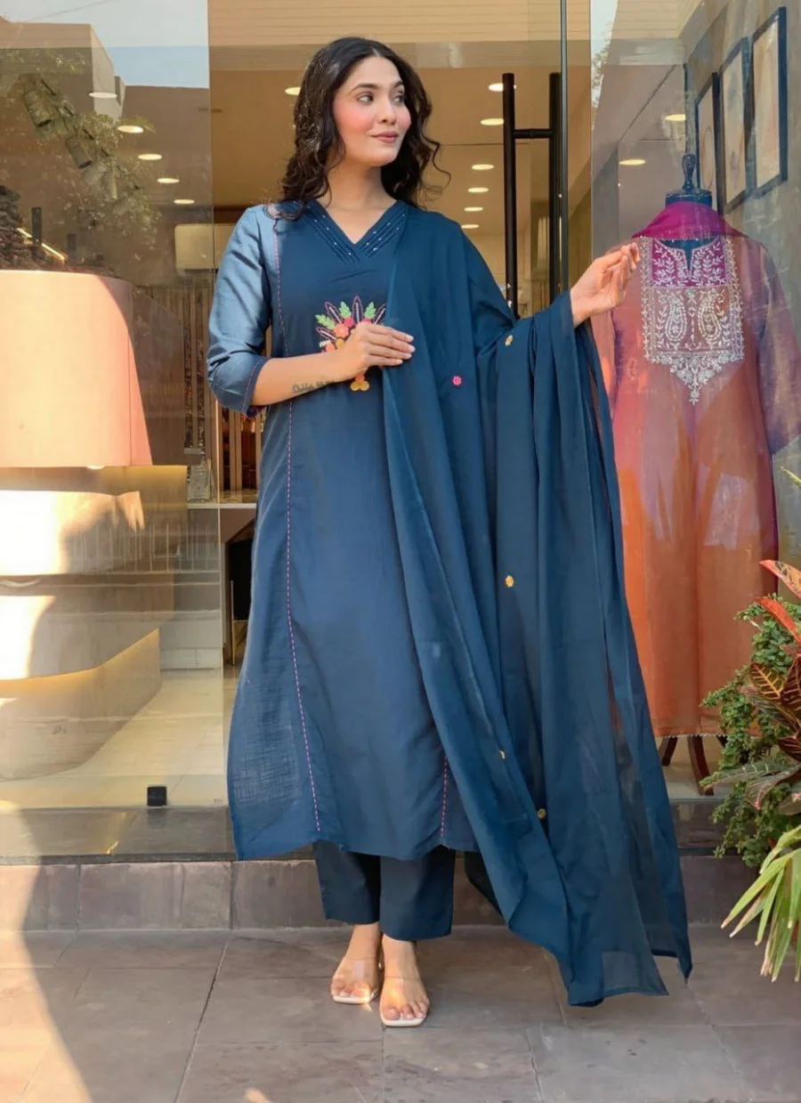 FANCY RAYON SLUB EMBROIDERY WITH MOTI HAND WORK TOP BOTTOM WITH DUPATTA FESTIVE WEAR WHOLESALE PRICE ETHNIC GARMENT (8)