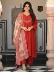FANCY ROMAN SILK EMBROIDERY WORK TOP BOTTOM WITH DUPATTA RED