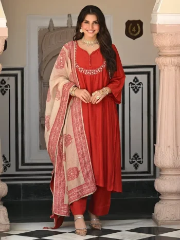 FANCY ROMAN SILK EMBROIDERY WORK TOP BOTTOM WITH DUPATTA RED