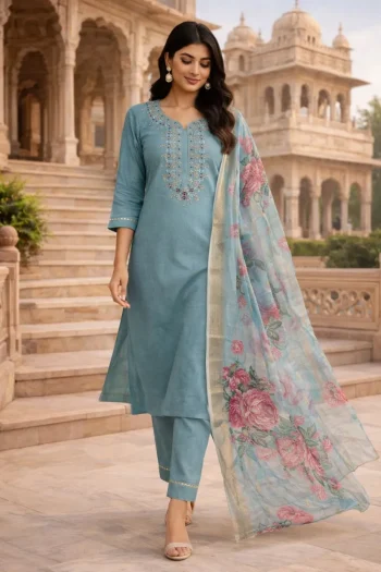 FANCY ROMAN SILK EMBROIDERY, ZARI WEAVING WORK TOP BOTTOM WITH DUPATTA SKY
