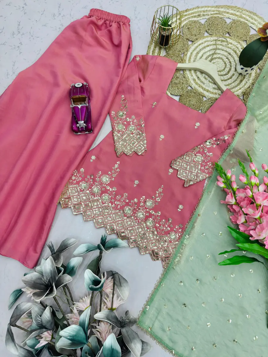 FANCY SHIMMER SILK EMBROIDERY SEQUENCE WORK TOP PALAZZO WITH DUPATTA FESTIVE WEAR WHOLESALE PRICE ETHNIC GARMENT (10)