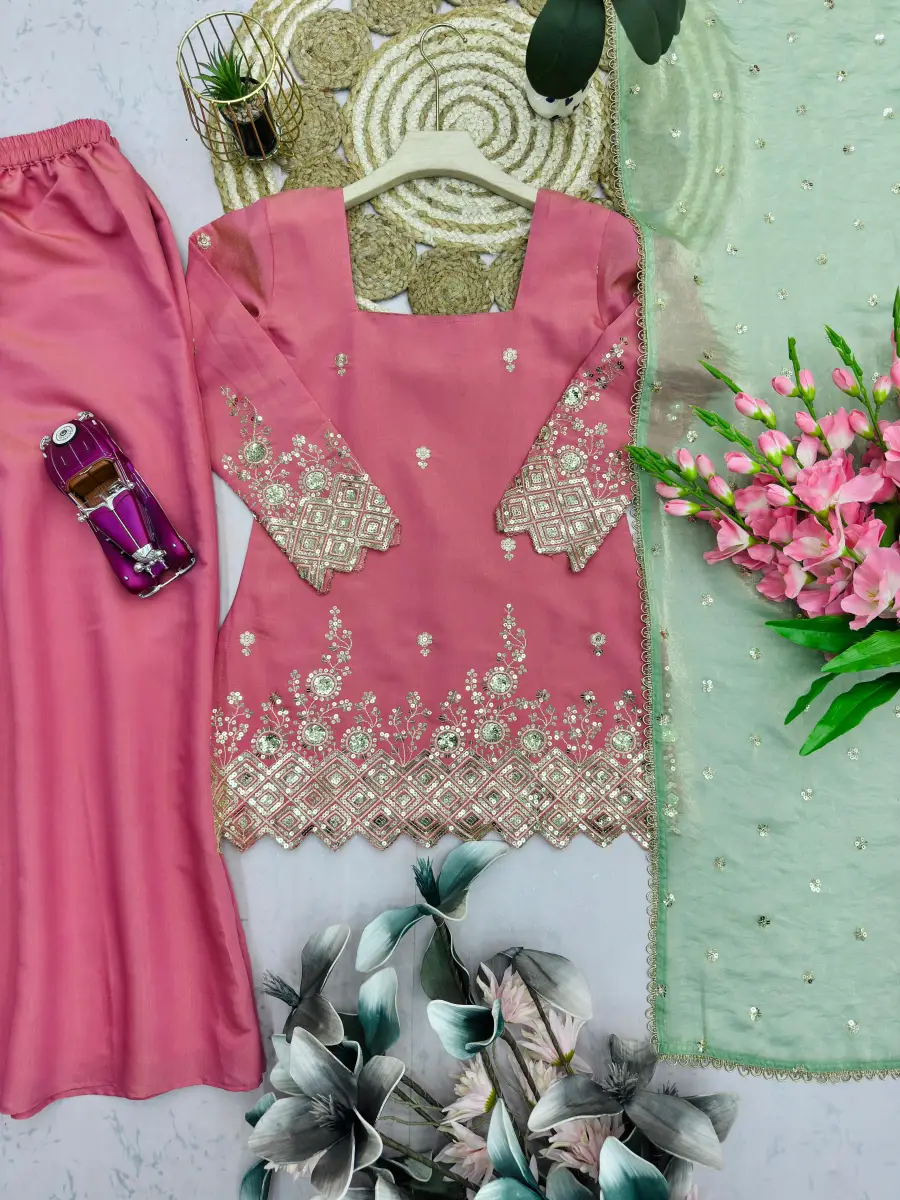 FANCY SHIMMER SILK EMBROIDERY SEQUENCE WORK TOP PALAZZO WITH DUPATTA FESTIVE WEAR WHOLESALE PRICE ETHNIC GARMENT (11)