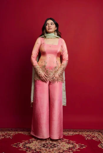 FANCY SHIMMER SILK EMBROIDERY SEQUENCE WORK TOP PALAZZO WITH DUPATTA BABY PINK