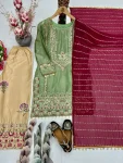 FANCY SILK EMBROIDERY SEQUENCE WITH LACE BORDER WORK TOP PALAZZO WITH DUPATTA FESTIVE WEAR WHOLESALE PRICE ETHNIC GARMENT (2)