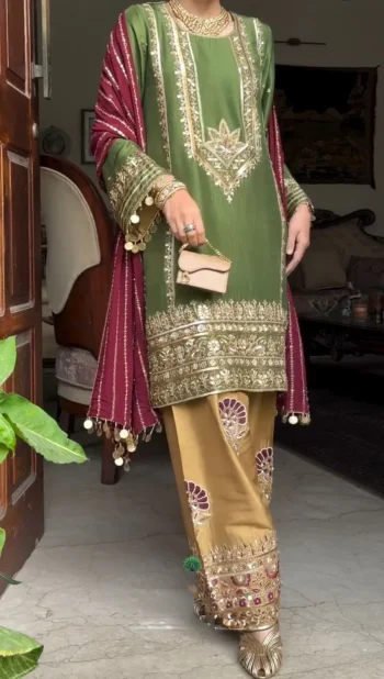 FANCY SILK EMBROIDERY   SEQUENCE WITH LACE BORDER WORK TOP PALAZZO WITH DUPATTA GREEN AND MAROON