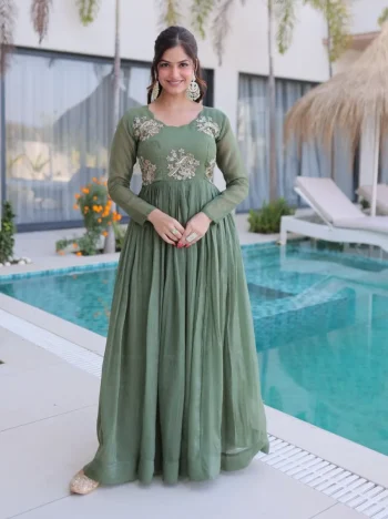 FANCY SILVER CRUNCHY BEADS EMBROIDERY-WORK GOWN MINT
