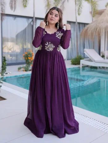 FANCY SILVER CRUNCHY BEADS EMBROIDERY-WORK GOWN PURPLE