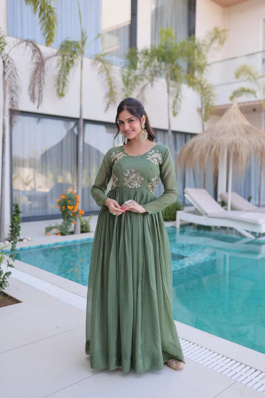 FANCY SILVER CRUNCHY BEADS EMBROIDERY-WORK GOWN FESTIVE WEAR WHOLESALE PRICE ETHNIC GARMENT (3)