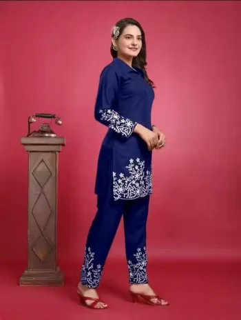 FANCY SLUB COTTON EMBROIDERY CHIAN WORK CO-ORD SET NAVY BLUE