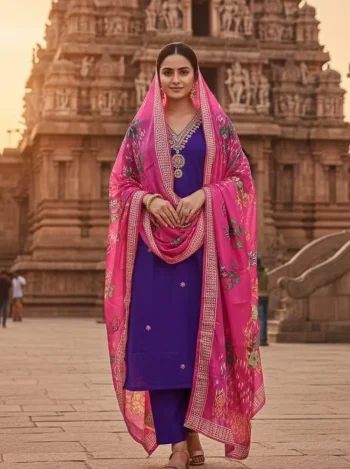 FANCY SLUB COTTON EMBROIDERY WORK TOP BOTTOM WITH DUPATTA PURPLE