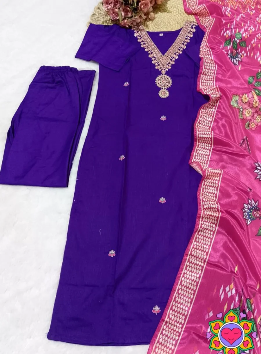 FANCY SLUB COTTON EMBROIDERY WORK TOP BOTTOM WITH DUPATTA FESTIVE WEAR WHOLESALE PRICE ETHNIC GARMENT (8)