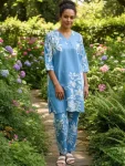 FANCY SLUB COTTON PRINTED WORK TOP PENT SET SKY
