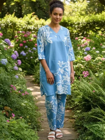 FANCY SLUB COTTON PRINTED WORK TOP PENT SET SKY