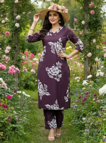 FANCY SLUB COTTON PRINTED WORK TOP PENT SET WINE