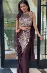 FANCY STAR GEORGETTE EMBROIDERY SEQUENCE WORK READY TO WEAR SAREE WITH STITCHED BLOUSE WINE