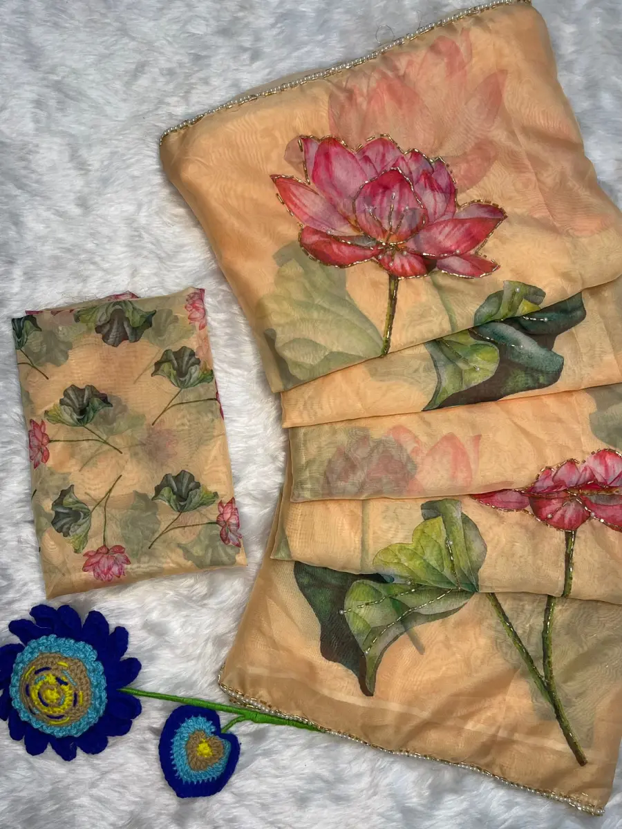 FANCY TABBY ORGANZA SILK DIGITAL PRINT AND KHATLI WORK SAREE WITH UNSTITCHED BLOUSE PARTY WEAR WHOLESALE PRICE ETHNIC GARMENT (1)