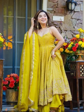 FANCY TABBY ORGANZA ZARI EMBROIDERY & SEQUENCE WORK GOWN BOTTOM WITH DUPATTA LEMON
