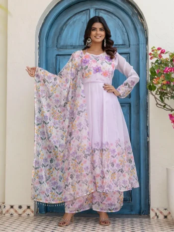 FANCY TB ORGANZA DIGITAL PRINT WITH HAND WORK GOWN BOTTOM WITH DUPATTA LAVENDER