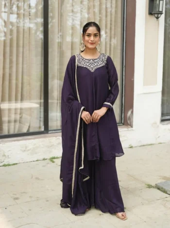 FANCY VICHITRA EMBROIDERY NECK WITH LACE BORDER WORK TOP PALAZZO WITH DUPATTA PURPLE