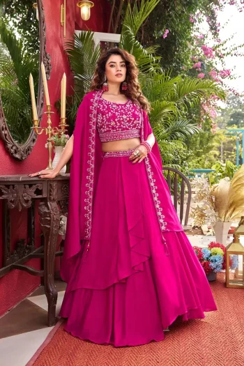 FANCY VICHITRA SILK EMBROIDERY MOTI BEADS & SEQUENCE  WORK LEHENGA CHOLI WITH SHRUG STYLE DUPATTA PINK