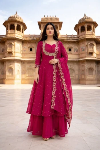 FANCY VICHITRA SILK EMBROIDERY THREAD WORK TOP LEHENGA WITH DUPATTA PINK